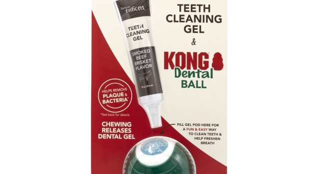 Set igienă orală Enticers – gel dentar aromă piept vită afumat & minge dentiție Kong – MD ( pentru câini intre 11-25 kg)