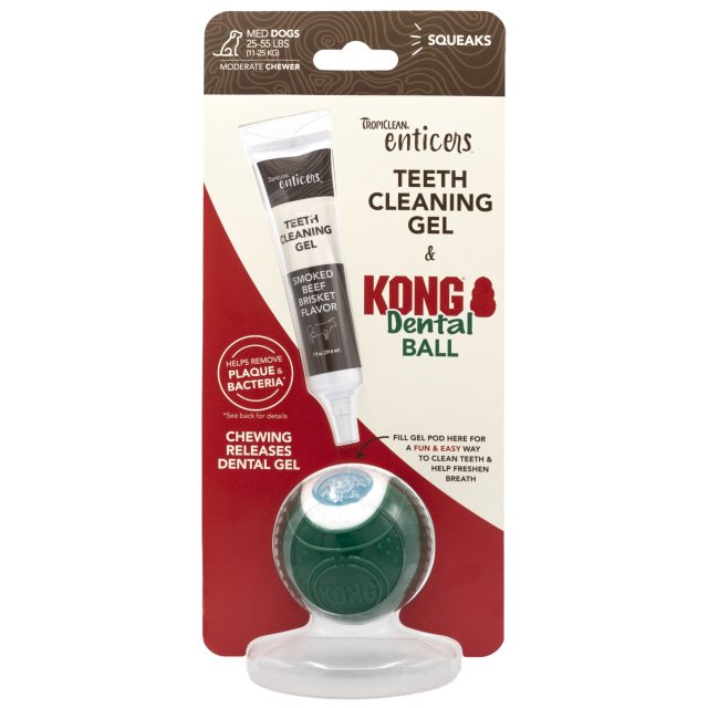 Set igienă orală Enticers – gel dentar aromă piept vită afumat & minge dentiție Kong – MD ( pentru câini intre 11-25 kg)